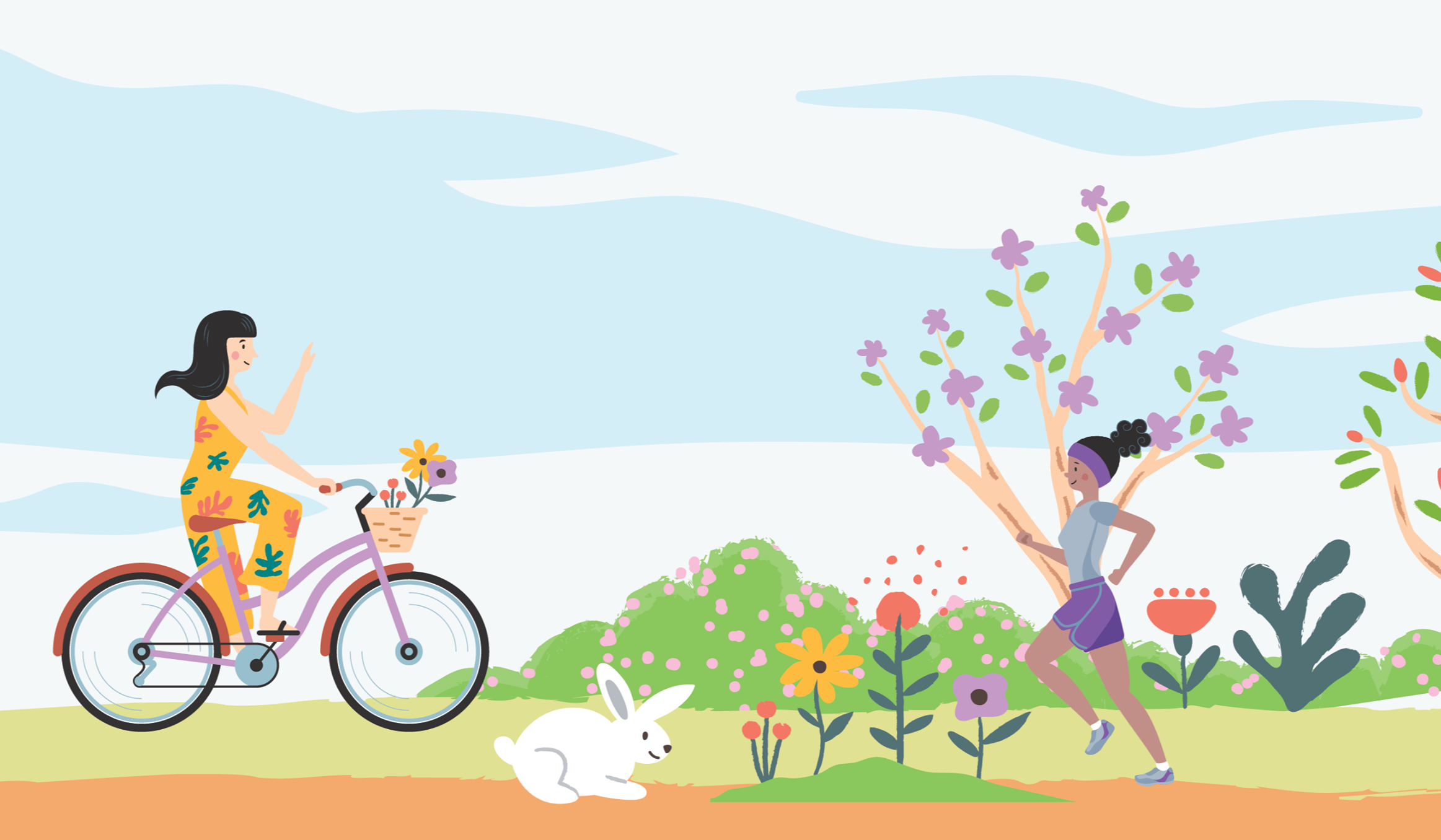 illustration of a woman riding her bike past a woman jogging in pleasant weather